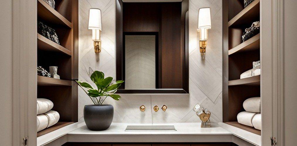 Powder room with bathroom corner shelves-BeautifulHomes