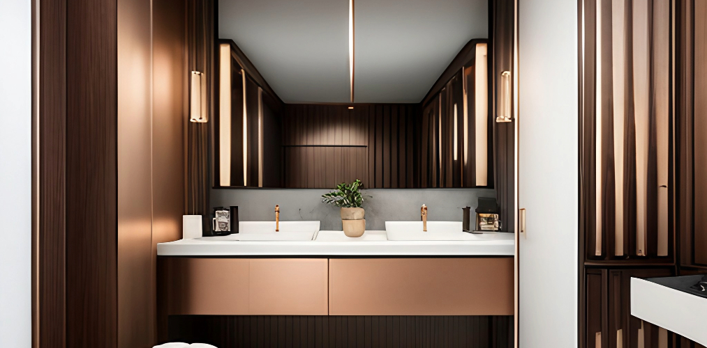 Powder room design with rose gold bathroom fittings-Beautiful Homes