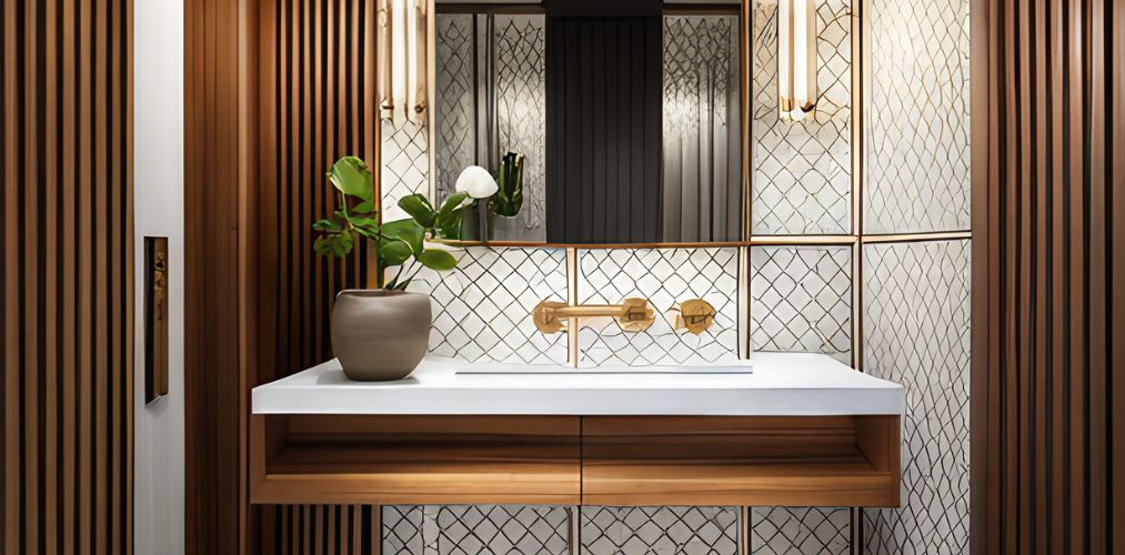 Powder room with white designer bathroom tiles-Beautiful Homes