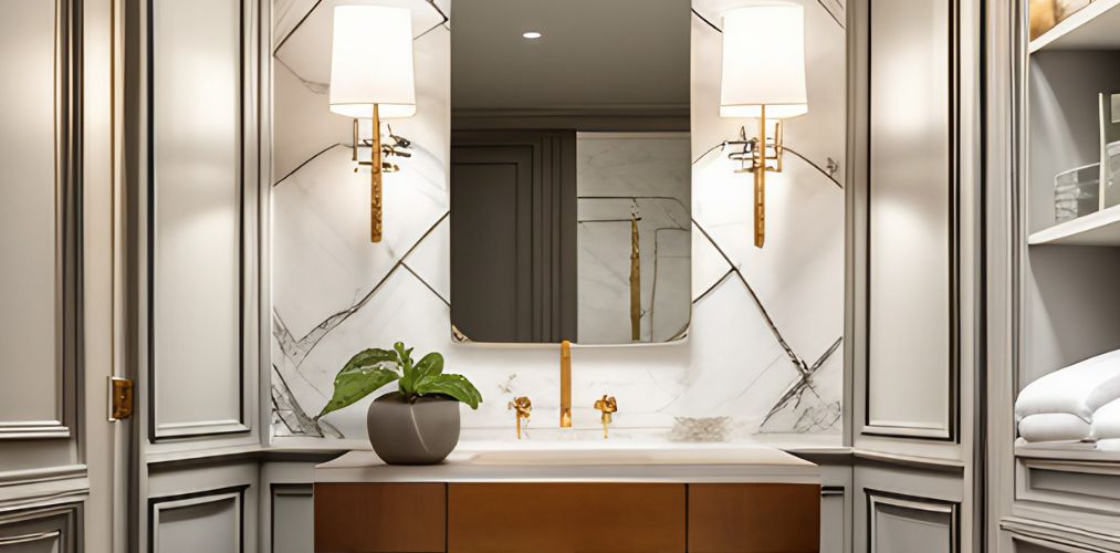 White powder room with bathroom mirror-Beautiful Homes