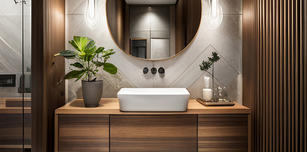 Powder room with vanity wash basin and grey bathroom tiles-Beautiful Homes