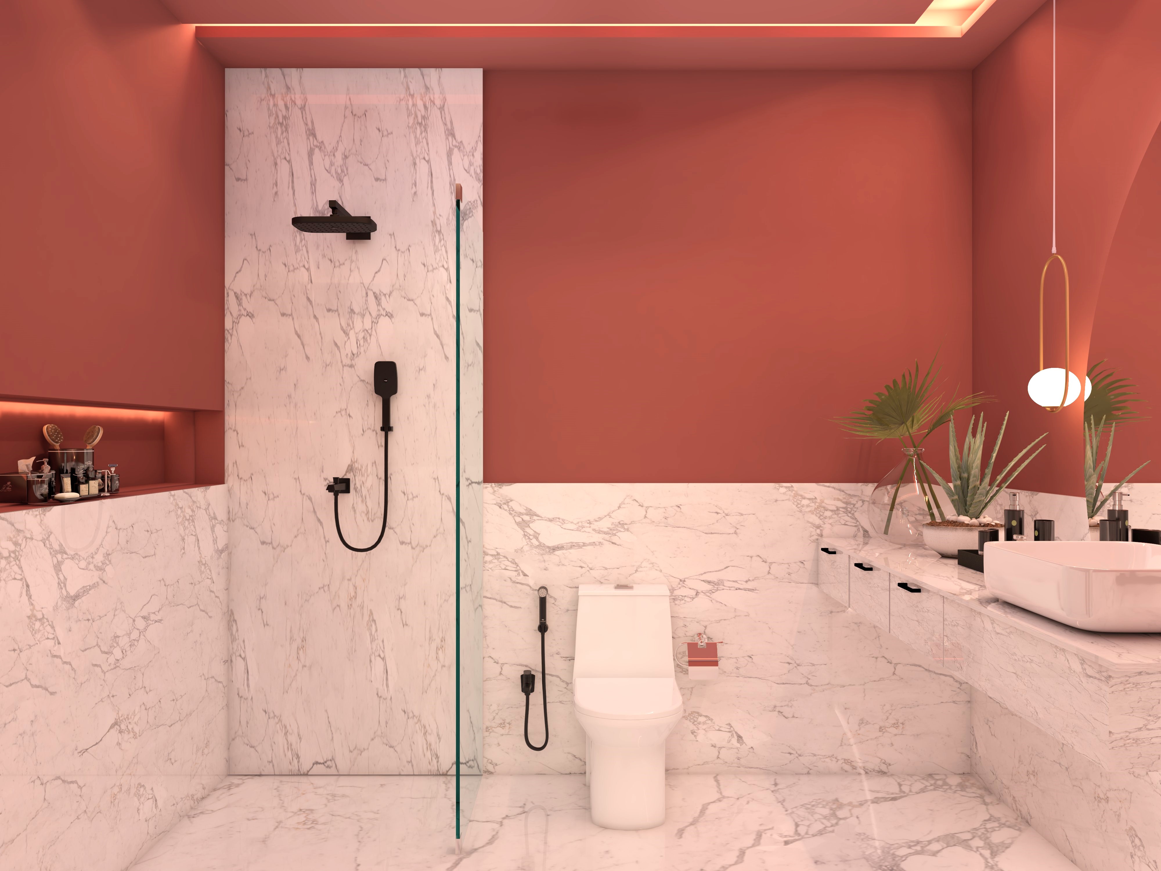 Red bathroom with shower panel with white marble-Beautiful Homes