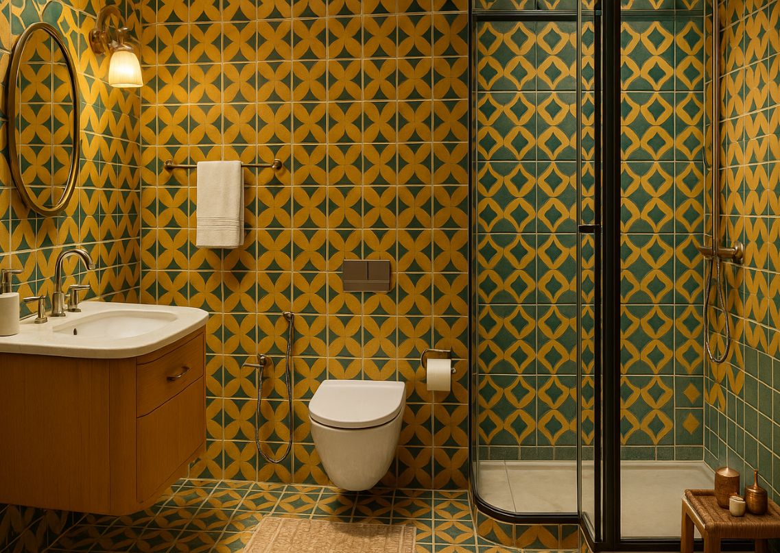 Bathroom with yellow and green geometric tiles - Beautiful Homes