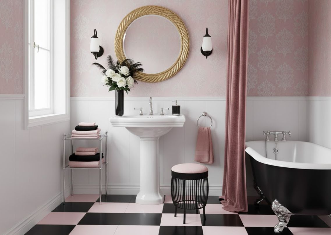 Pink bathroom with pedestal basin and checkered tiles - Beautiful Homes