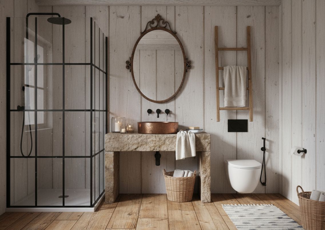 Rustic bathroom with wooden floor and stone basin - Beautiful Homes