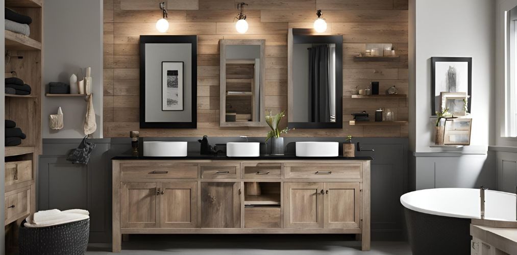 Rustic bathroom with beige cabinet and black countertop - Beautiful Homes