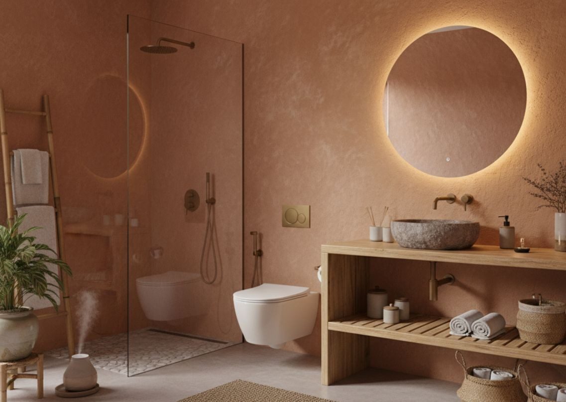 Earth-toned bathroom with wooden vanity and stone basin - Beautiful Homes