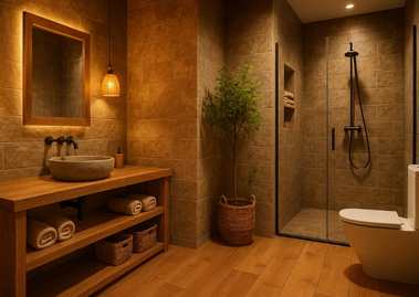 Bathroom with wooden vanity and glass shower - Beautiful Homes