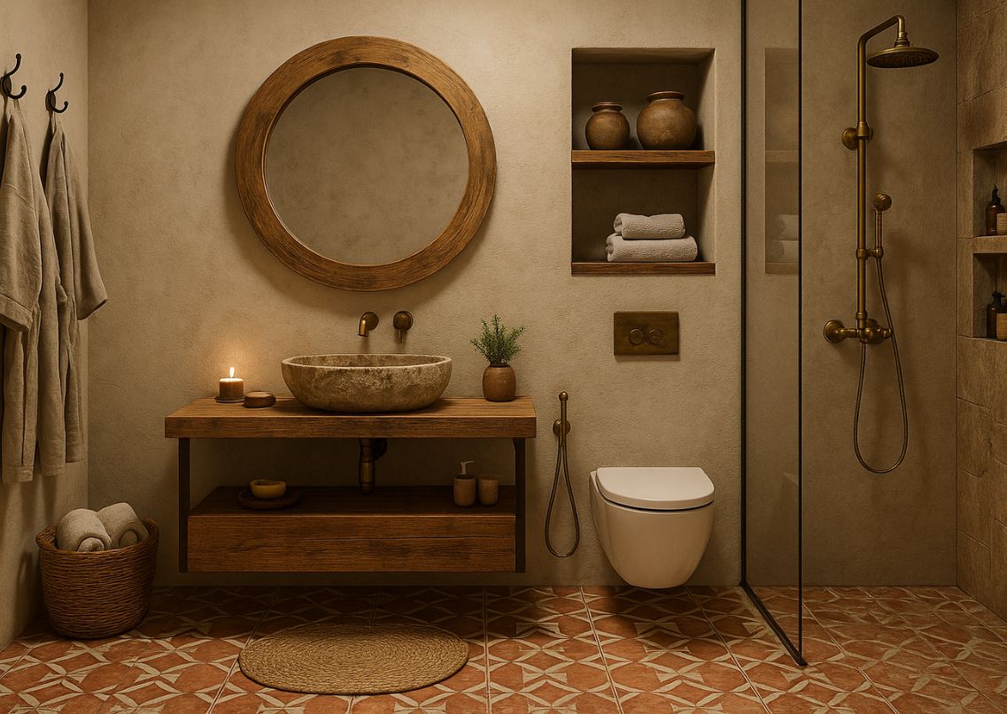 Rustic bathroom with stone basin and wooden vanity - Beautiful Homes
