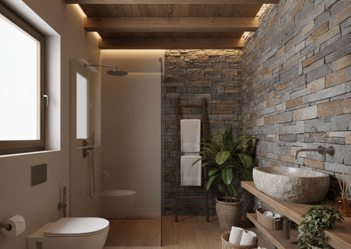 Bathroom with stone wall, wooden shelves, and plant - Beautiful Homes