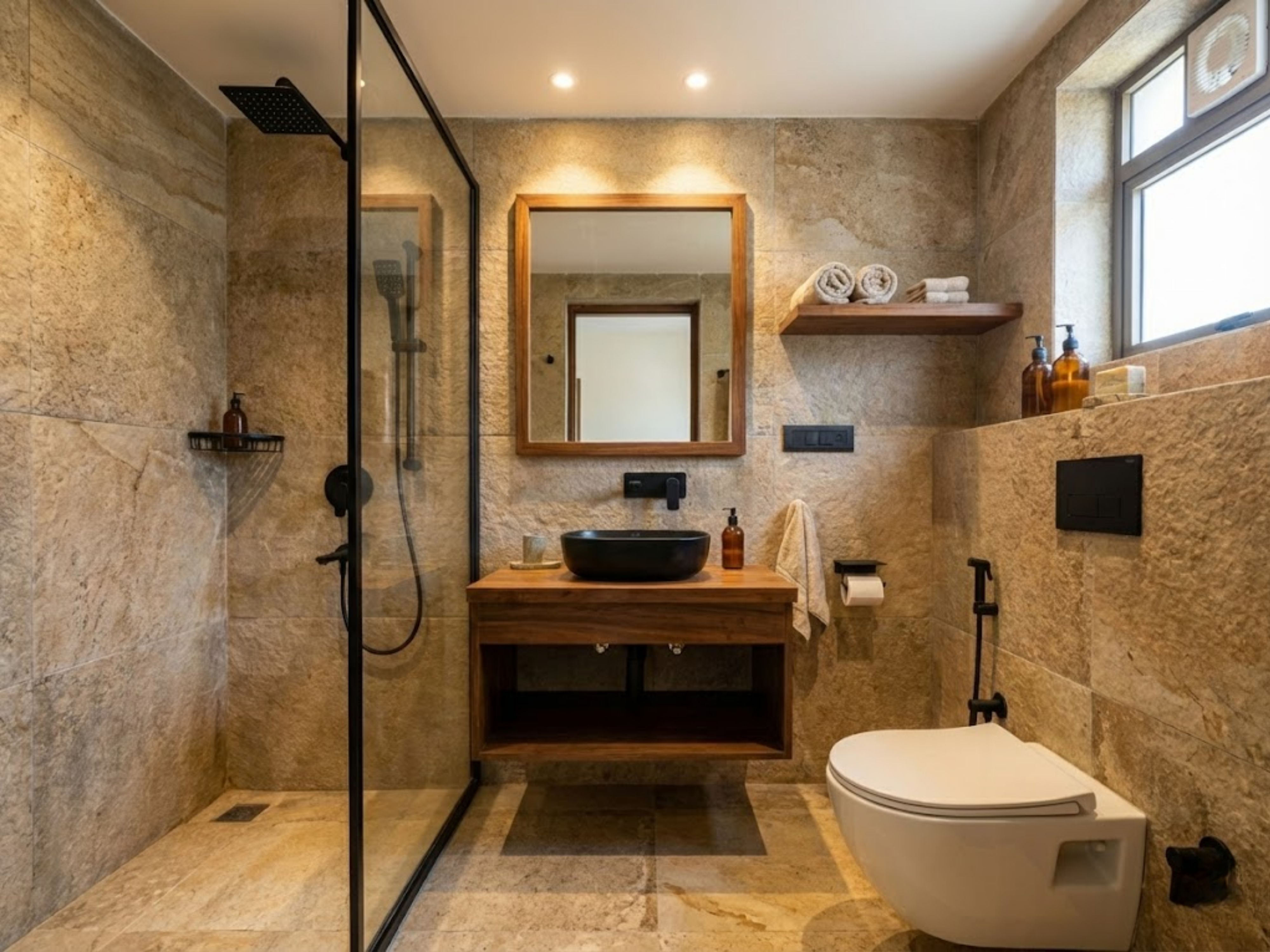 Modern bathroom with stone tiles and glass shower - Beautiful Homes