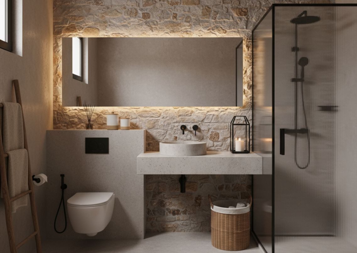 Bathroom with stone wall, backlit mirror, and shower - Beautiful Homes
