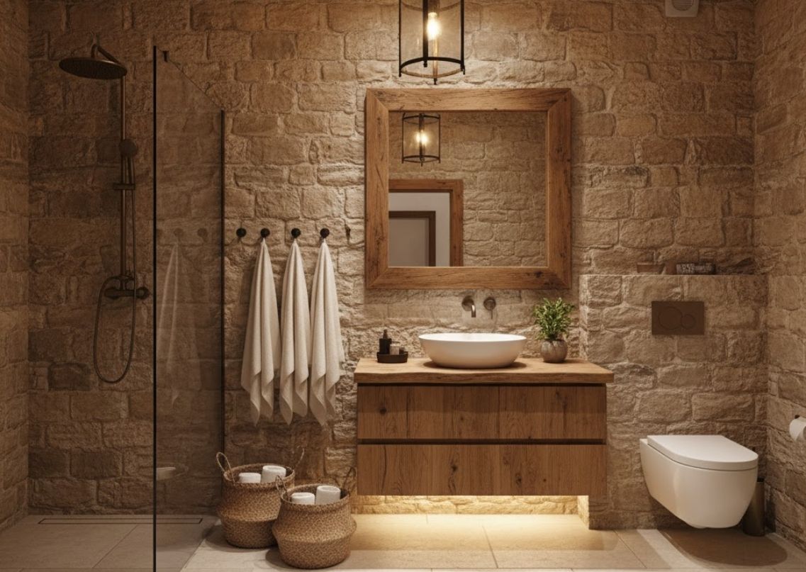 Rustic bathroom with stone walls and wooden vanity - Beautiful Homes