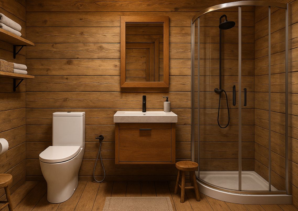 Wooden bathroom with shower and wall-mounted vanity - Beautiful Homes