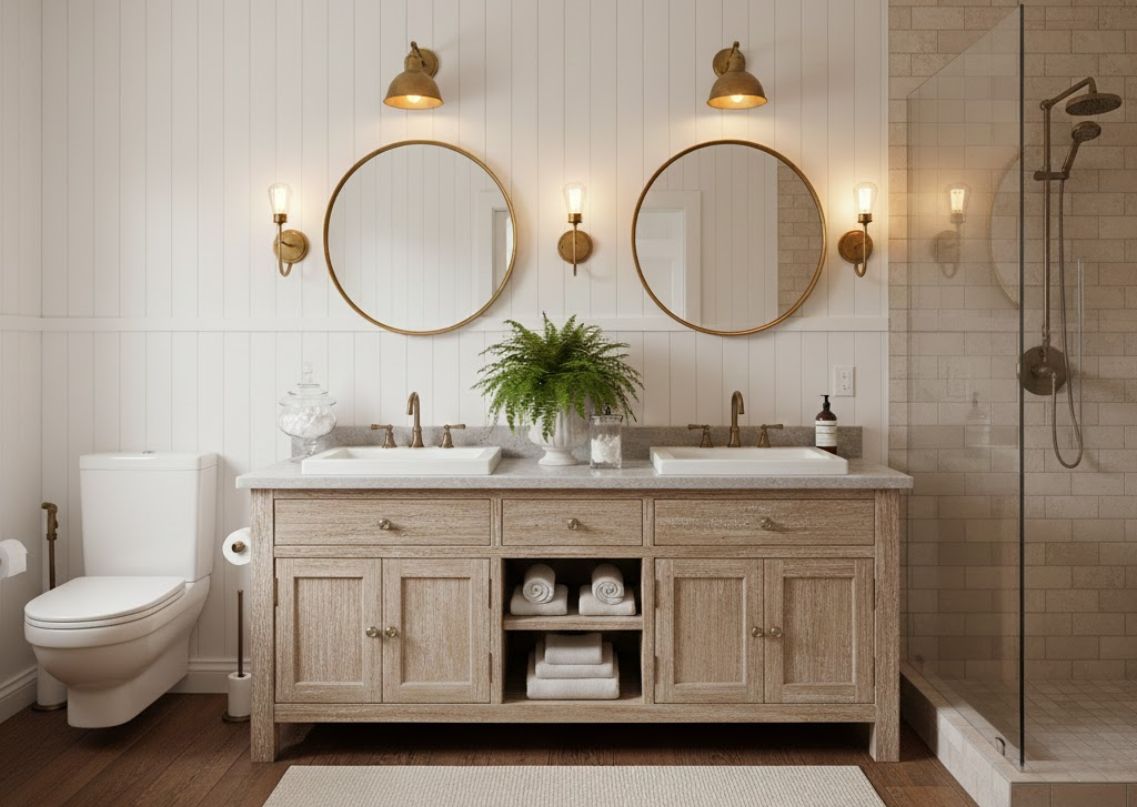 Bathroom with wooden vanity and round mirrors - Beautiful Homes