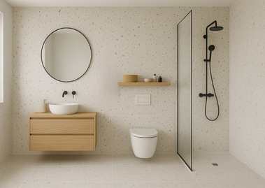 Modern bathroom with wooden vanity and sleek shower - Beautiful Homes