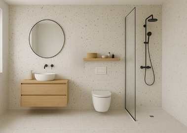 Modern bathroom with wooden vanity and sleek shower - Beautiful Homes