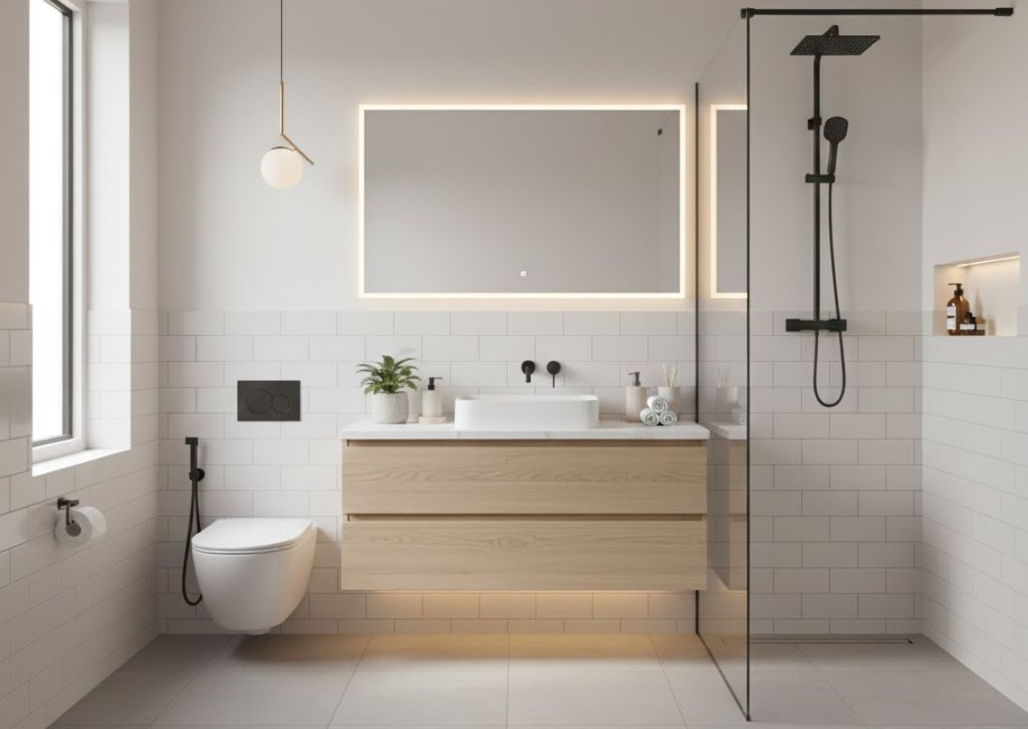 Modern bathroom with floating vanity and LED mirror - Beautiful Homes