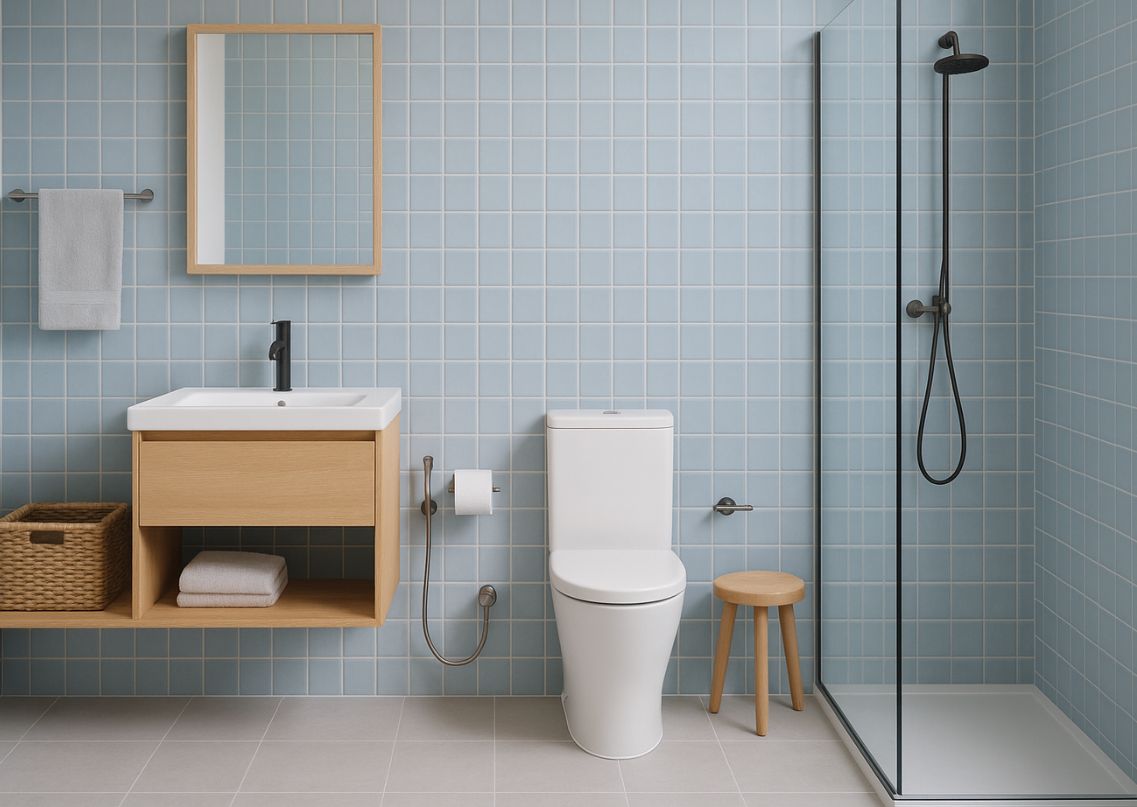 Modern bathroom with light blue tiles and wood accents - Beautiful Homes