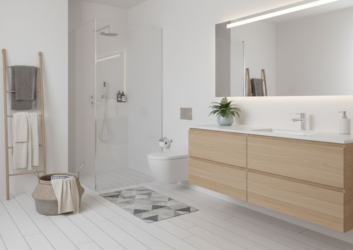 Modern bathroom with wooden vanity and walk-in shower - Beautiful Homes