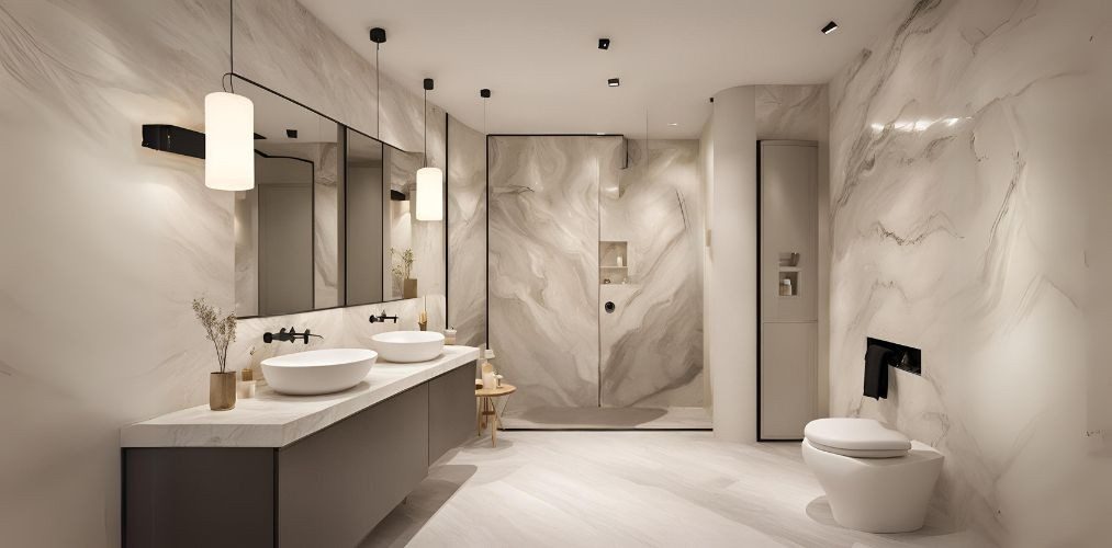 Scandinavian cream marble bathroom with wooden vanity - Beautiful Homes