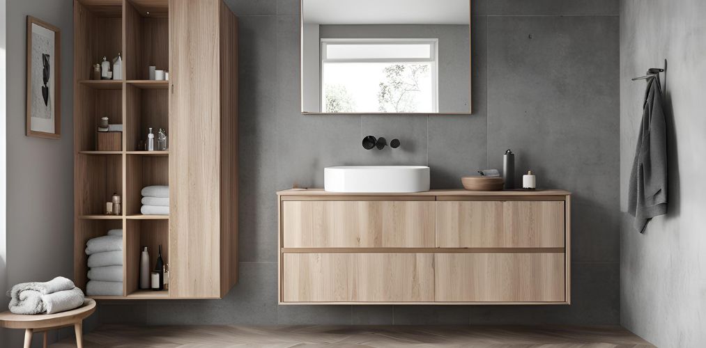 Scandinavian grey and wood bathroom with wooden cabinet unit - Beautiful Homes