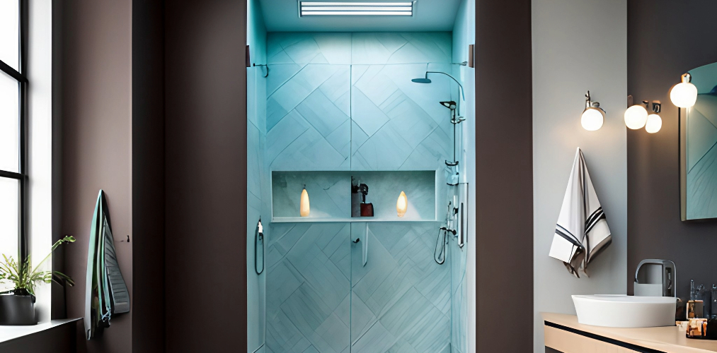 Shower cubicle with shower niche and blue tiles-Beautiful Homes