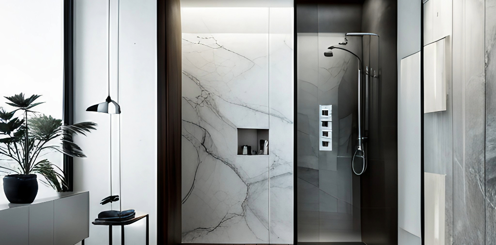 Shower room design with glass and wall shelves-Beautiful Homes