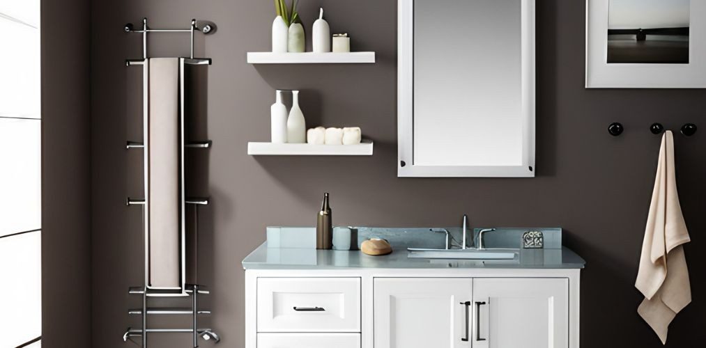 White bathroom with cabinets and towel hanger-Beautiful Homes