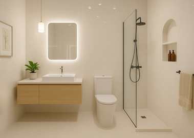Bathroom with vanity, walk-in shower, and lighting - Beautiful Homes