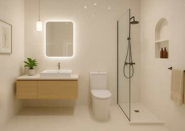 Bathroom with vanity, walk-in shower, and lighting - Beautiful Homes