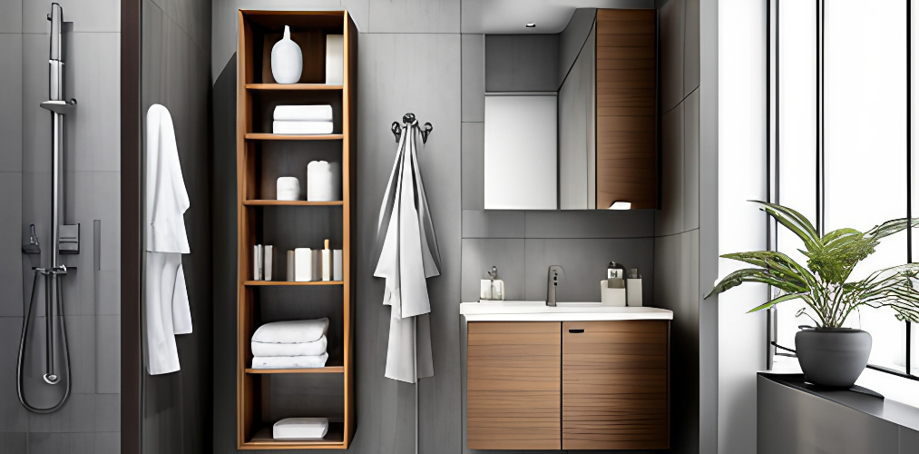 Grey bathroom with wooden shelf and basin cabinets-Beautiful Homes
