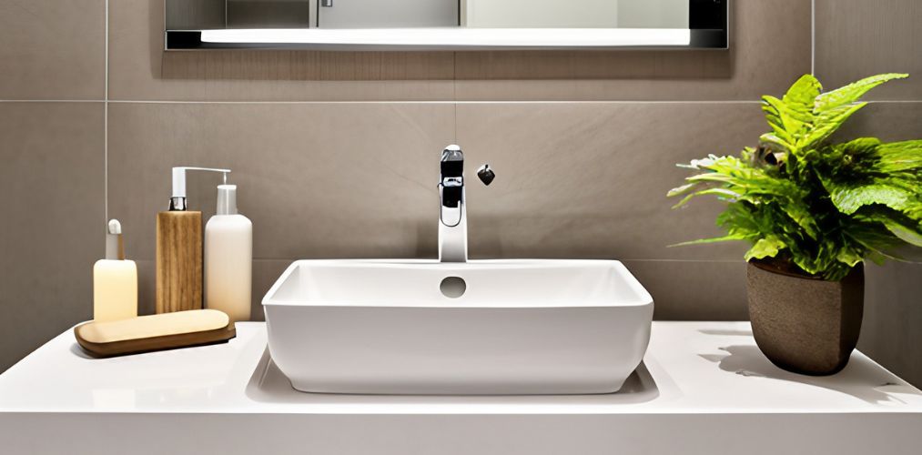 Simple bathroom design with table top basin and accessories-Beautiful Homes