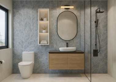 Modern bathroom with wooden vanity and mirror - Beautiful Homes