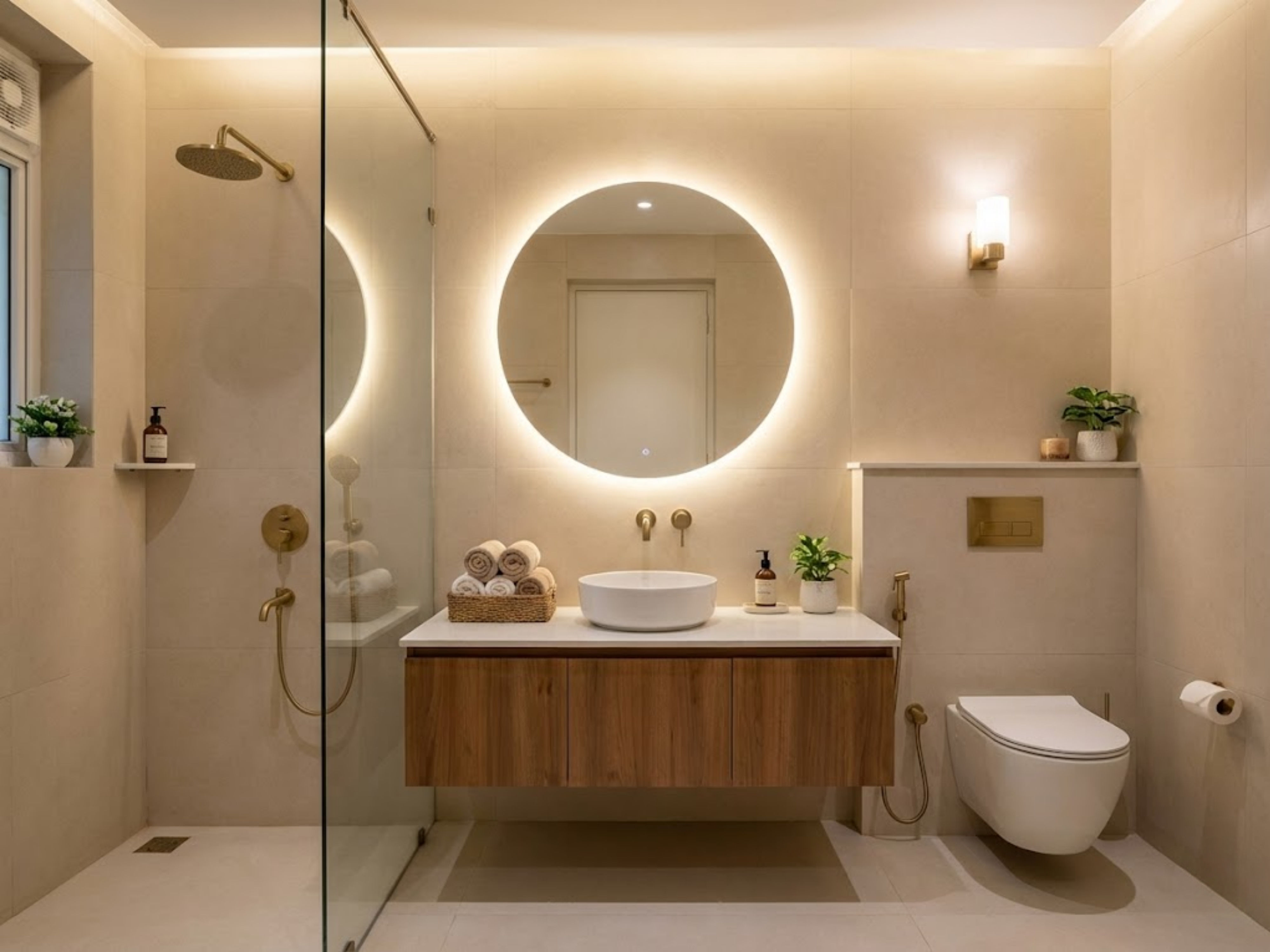 Bathroom with floating vanity and LED mirror - Beautiful Homes