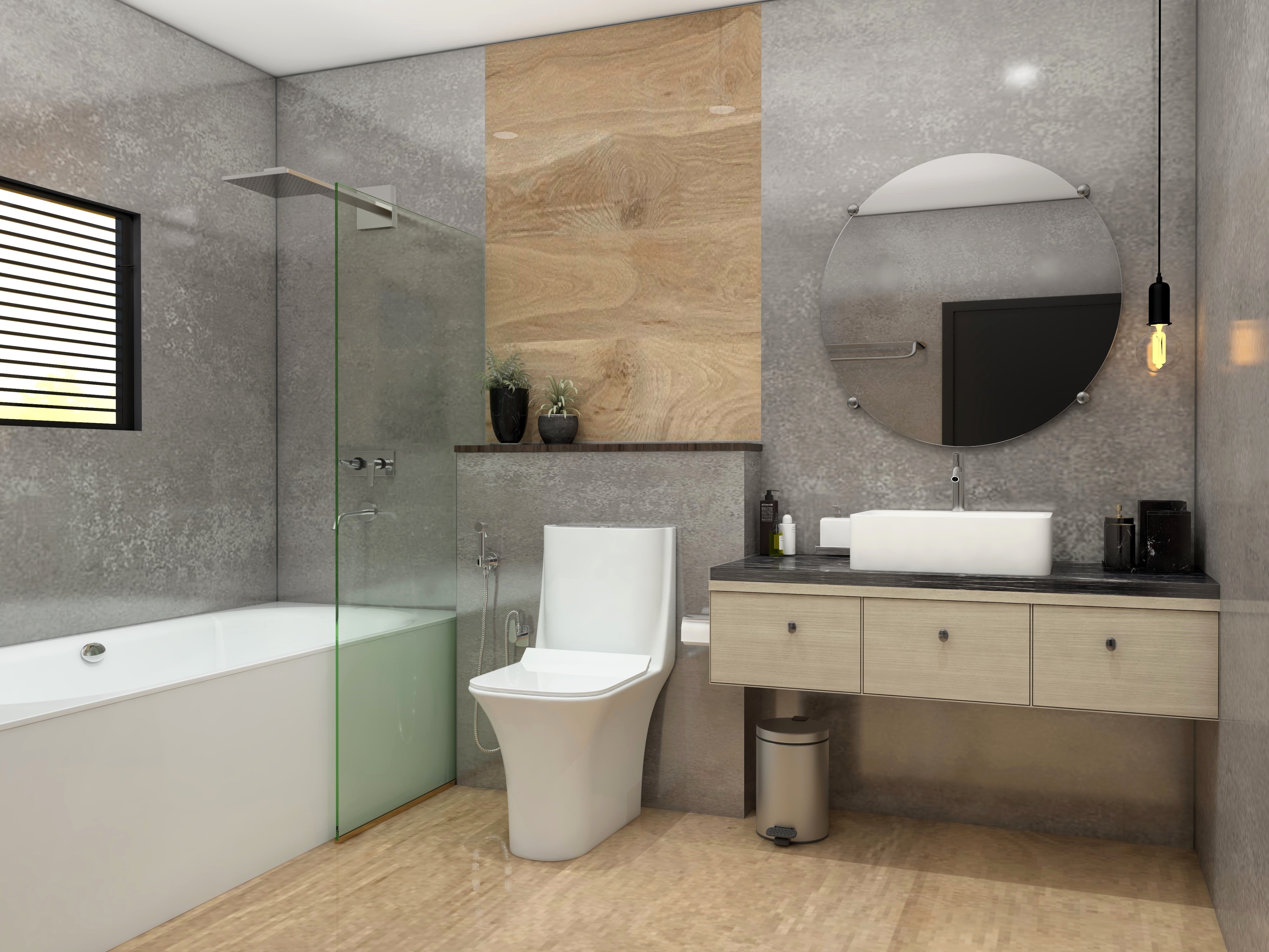 Simple bathroom with seamless grey wall tiles and wooden finish flooring - Beautiful Homes