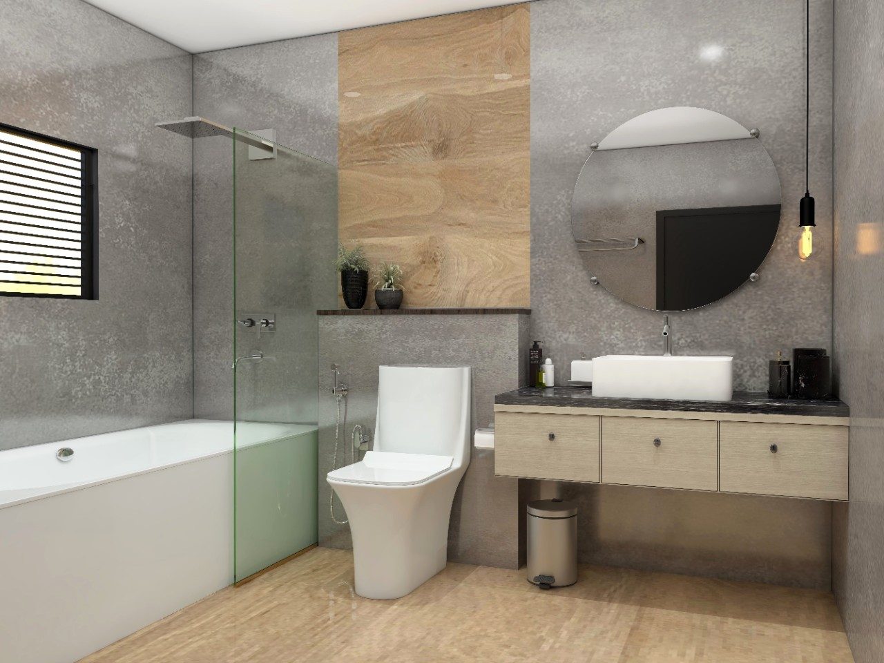 Simple bathroom with seamless grey wall tiles and wooden finish flooring - Beautiful Homes