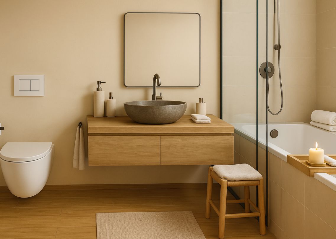 Modern bathroom with wooden vanity and stone basin - Beautiful Homes