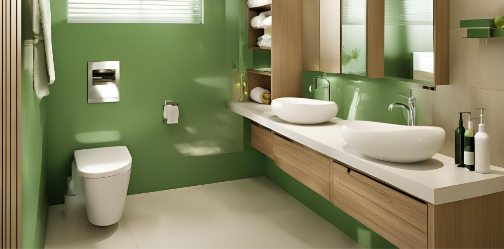 Simple beige and green bathroom with wooden vanity unit - Beautiful Homes