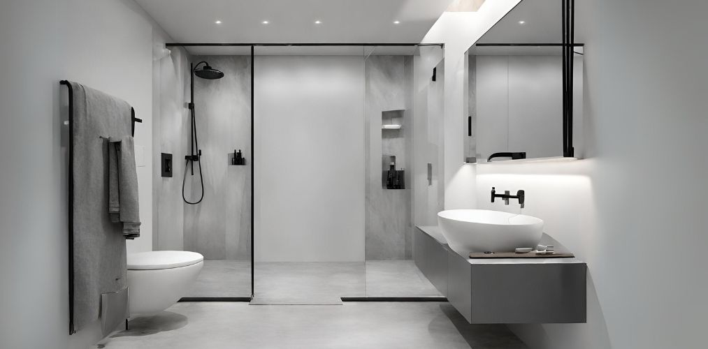 Simple white and grey shower with black sanitary fittings - Beautiful Homes