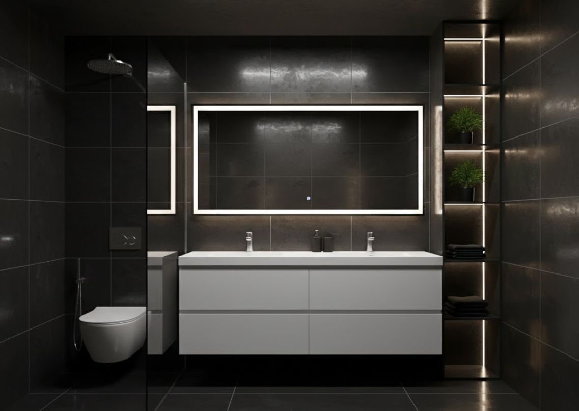 Bathroom with black tiles and illuminated mirror - Beautiful Homes