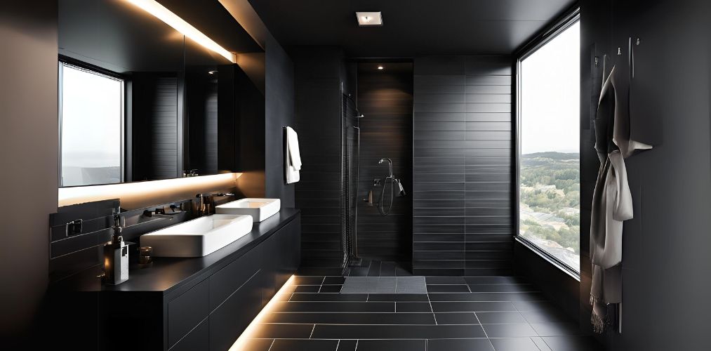 Sleek black tile bathroom design - Beautiful Homes