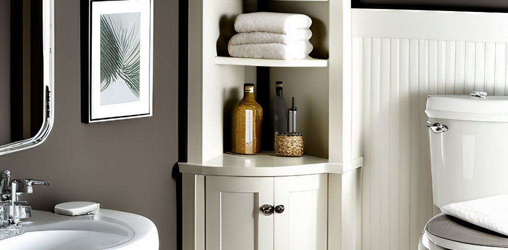 White bathroom with corner shelves for small spaces-Beautiful Homes