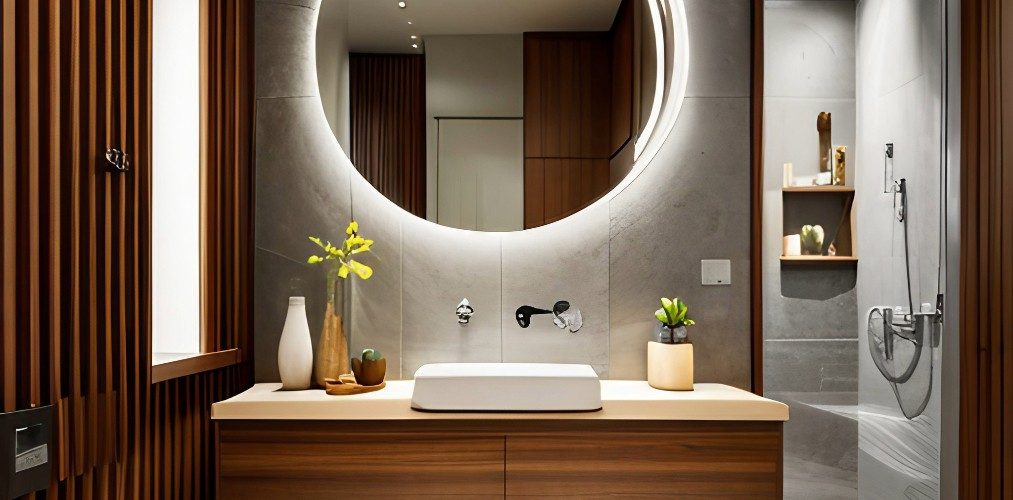 Small bathroom design with countertop wash basin and wall tiles-Beautiful Homes