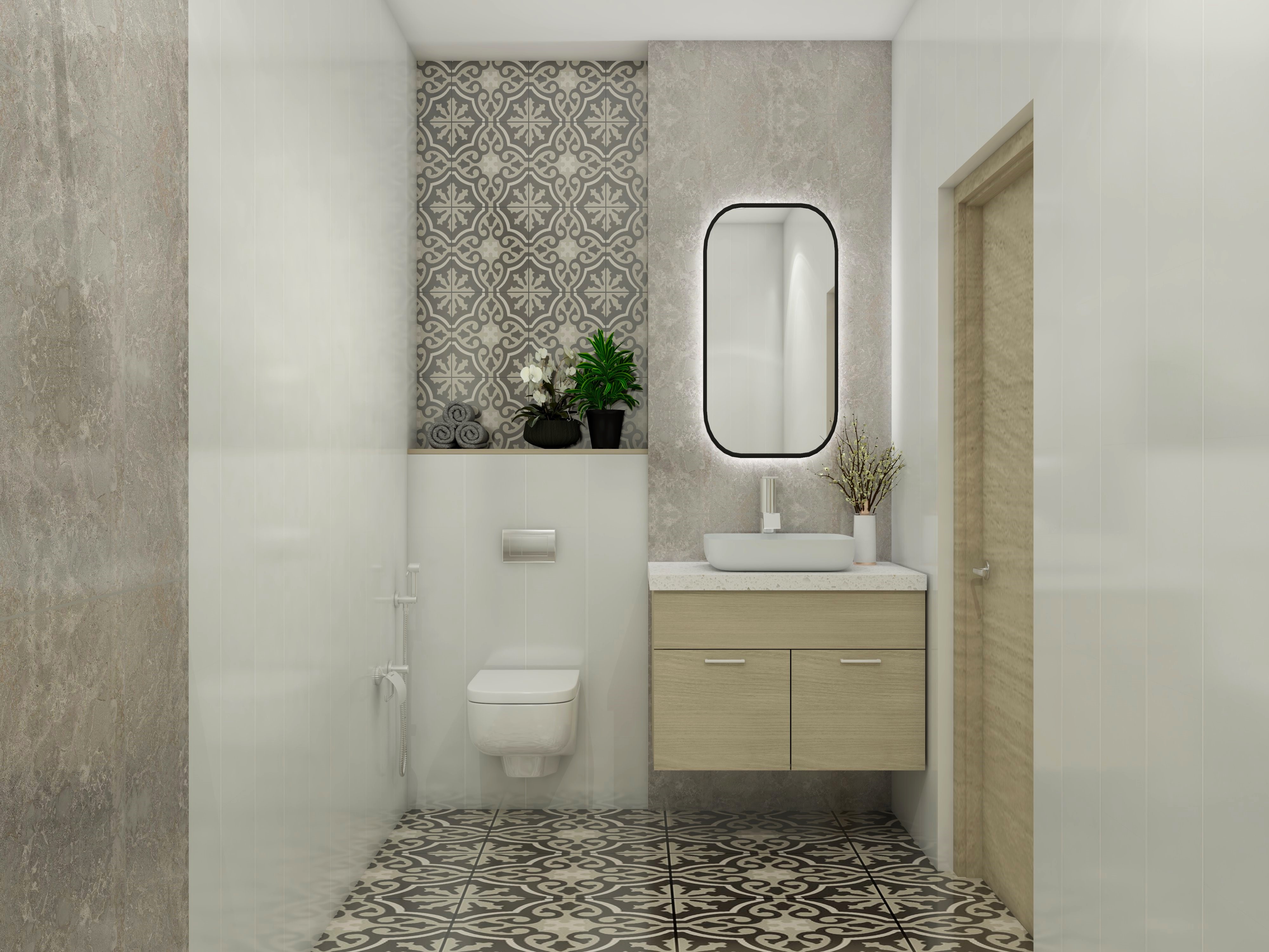 Small bathroom design with light wood vanity and printed tiles - Beautiful Homes
