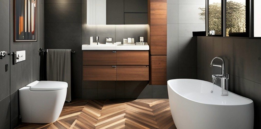 Small bathroom design with wooden floor tiles and white sanitary fixtures-Beautiful Homes