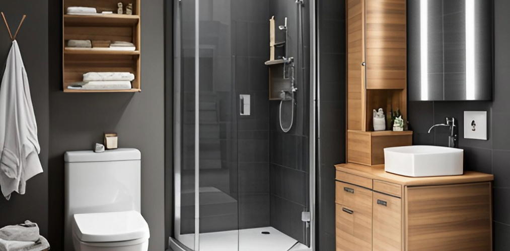 Small bathroom layout with corner shower cubicle and wooden vanity-Beautiful Homes
