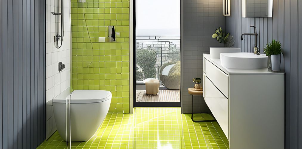 Small bathroom layout with lime green highlighter tiles-Beautiful Homes