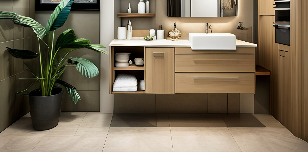 Small bathroom with bathroom beige tiles and countertop vanity unit-Beautiful Homes