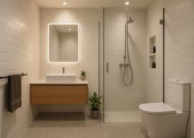 Modern bathroom with vanity and glass shower - Beautiful Homes